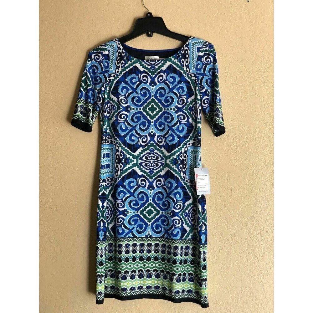 Eliza J Blue Abstract Short Sleeve Shift Dress 0 - Picture 4 of 12